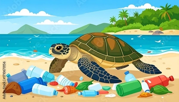 Fototapeta Turtle on beach surrounded by plastic waste