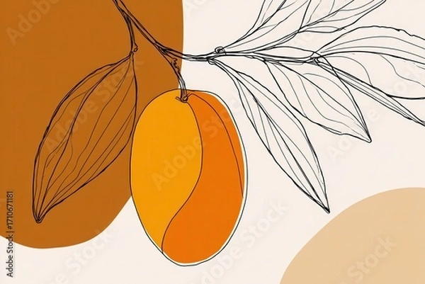 Fototapeta Artistic illustration of a ripe orange fruit hanging from a branch with leaves on a soft background