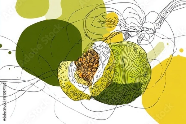 Fototapeta Artistic illustration of a cut-open fruit showcasing its seeds, surrounded by abstract shapes and colors