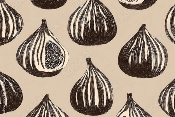 Fototapeta Artistic illustration of figs with detailed textures on a beige background, suitable for culinary use