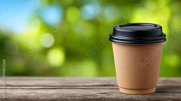 Obraz Eco-friendly coffee cup on wooden table with blurred nature background