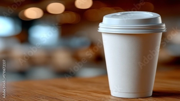 Fototapeta Disposable coffee cup on wooden table with blurred background in cafe setting