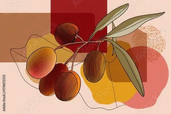 Fototapeta Artistic illustration of olives on a colorful abstract background with organic shapes