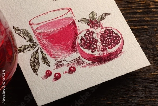 Fototapeta Artistic illustration of pomegranate juice with fruit and berries on textured paper background