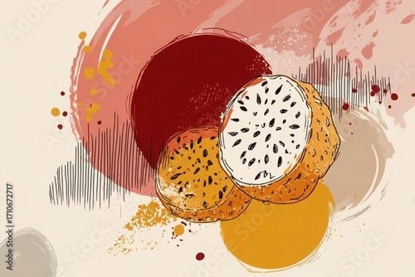 Fototapeta Artistic illustration of sliced tropical fruits with abstract background splashes and textures