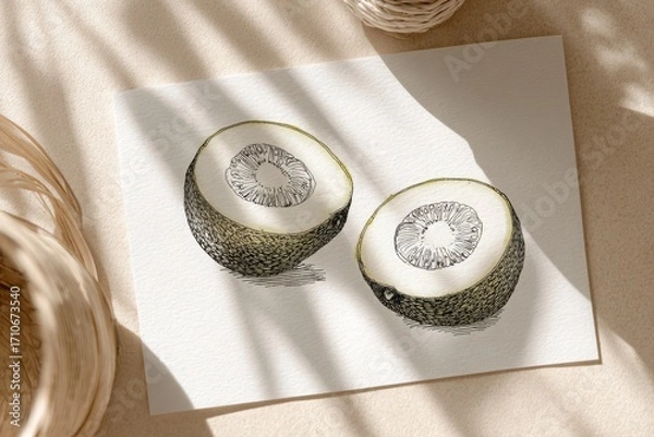 Fototapeta Artistic illustration of two halved melons on textured paper with soft shadows and natural elements