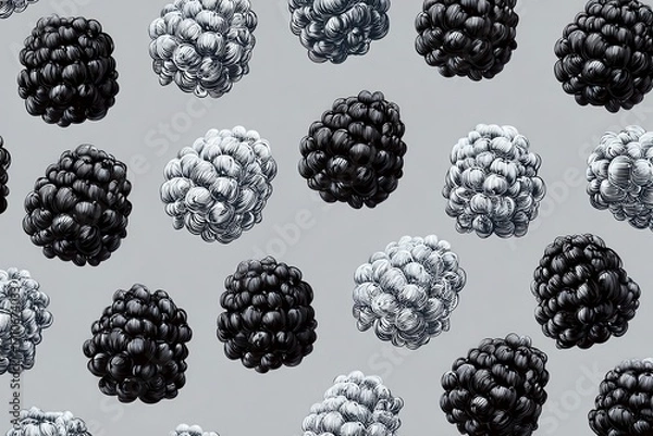 Fototapeta Artistic monochrome pattern of blackberries on a grey background, ideal for food-related designs