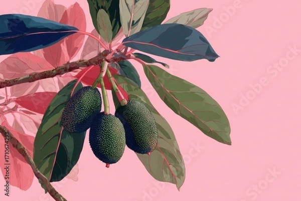 Fototapeta Avocado fruits hanging from a branch with colorful leaves against a pink background