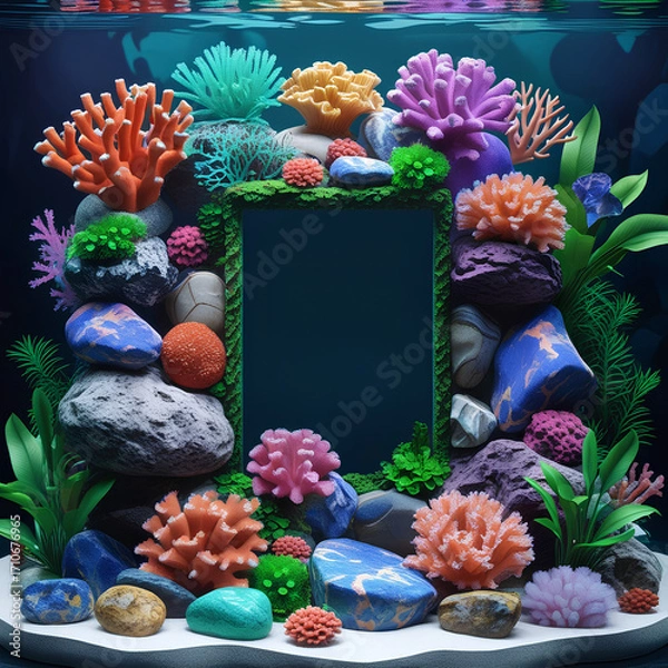 Fototapeta A vibrant underwater frame of coral, rocks, and plants with a deep navy background. The mockup with organic textures  are perfect for marine-themed presentations or banner.