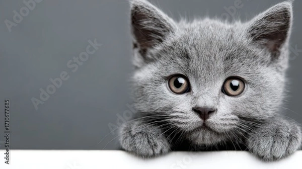 Fototapeta Cute gray kitten peeking over white surface against gray background