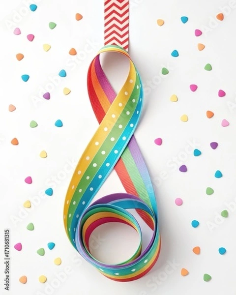 Obraz Colorful ribbon loop with confetti on white background