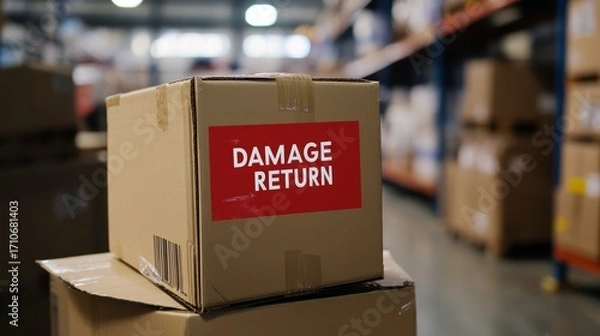Fototapeta Cardboard box with damage return label on warehouse shelf