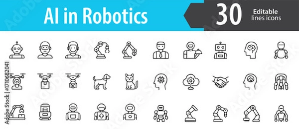 Fototapeta AI in Robotics Line Icons, Artificial Intelligence, Robot, Automation, Machine Technology Symbols, Editable Formats: AI, EPS, JPG, PNG, Ideal for Both Digital and Print Use
