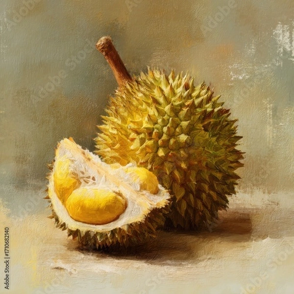 Fototapeta Close-up of a ripe durian fruit, showcasing its spiky exterior and creamy yellow flesh, on a textured background
