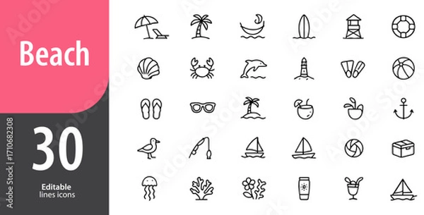 Fototapeta Beach Line Icons, Umbrella, Waves, Palm Tree, Shell, Summer Vacation Symbols, Editable Formats: AI, EPS, JPG, PNG, Ideal for Both Digital and Print Use
