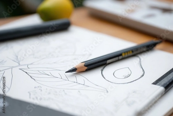 Fototapeta Close-up of sketching tools on a wooden table with avocado and lemon in the background