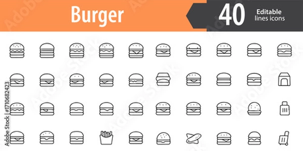 Fototapeta Burger Line Icons, Fast Food, Sandwich, Cheeseburger, Snack and Meal Symbols, Editable Formats: AI, EPS, JPG, PNG, Ideal for Both Digital and Print Use
