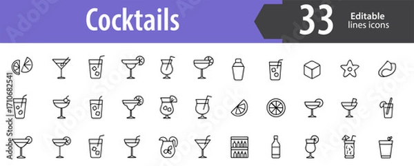 Fototapeta Cocktails Line Icons, Martini, Glass, Mojito, Beverage, Bar and Party Drink Symbols, Editable Formats: AI, EPS, JPG, PNG, Ideal for Both Digital and Print Use
