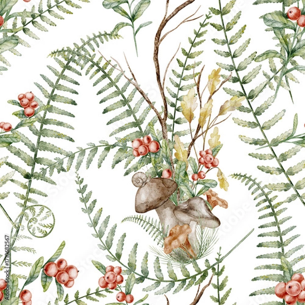 Fototapeta Seamless watercolor Fern pattern with woodland foliage in green and autumn colors. Illustration of forest Background with mushrooms and red berries for fall wrapping paper or textile design.