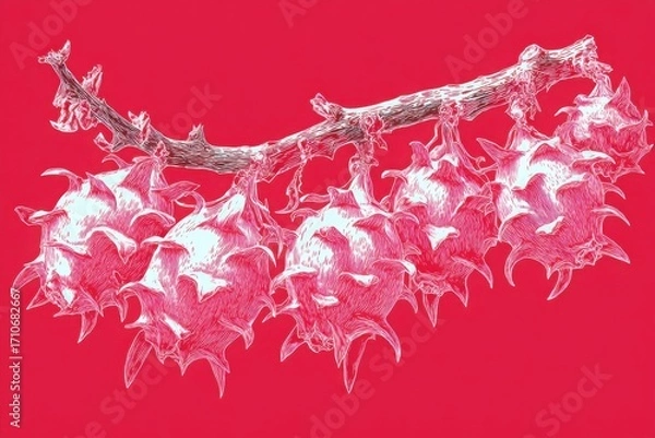 Fototapeta Close-up of spiky fruit hanging from a branch against a vibrant red background, highlighting texture