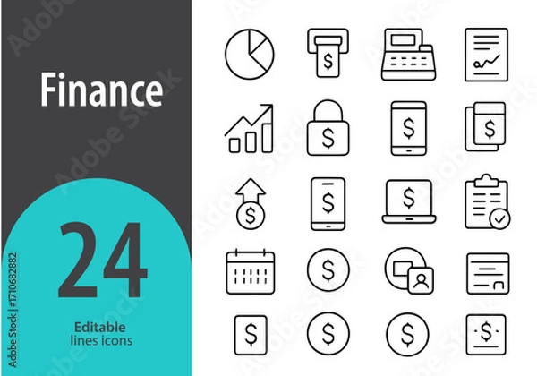 Fototapeta Finance Line Icons, Money, Bank, Wallet, Investment, Currency, Business and Economy Symbols, Editable Formats: AI, EPS, JPG, PNG, Ideal for Both Digital and Print Use
