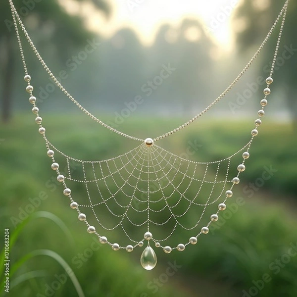 Obraz Delicate silver beaded spider web with dewdrop in soft green bokeh background