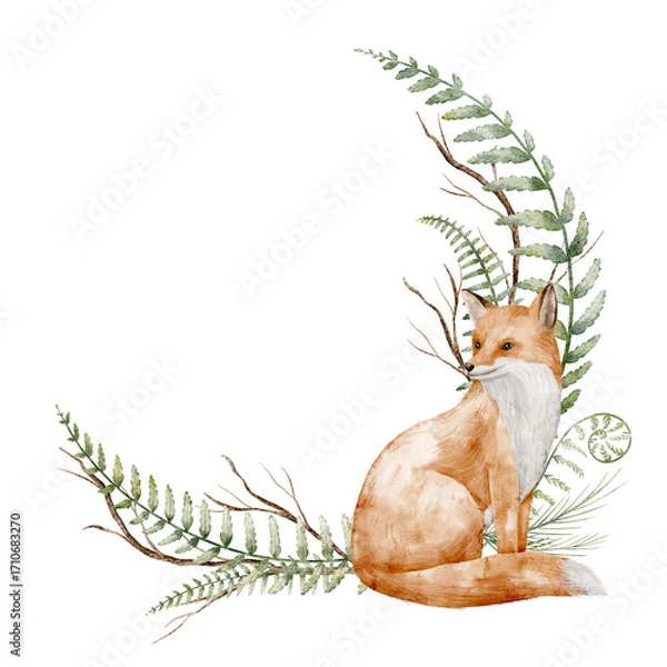 Fototapeta Watercolor wreath with Fox, ferns, and woodland branches. Illustration of circular Template with forest animals for autumn childish greeting cards, nursery posters or woodland baby shower invitations.