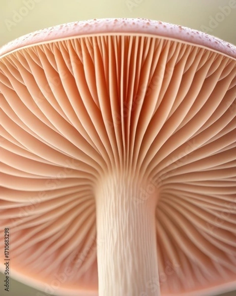 Obraz Close up of soft pink mushroom gills and stem with textured cap