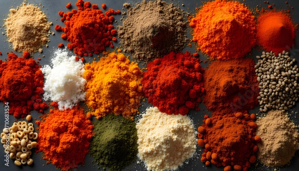 Fototapeta All Cajun Spices Flat Lay with Vibrant Herbs and Seasonings