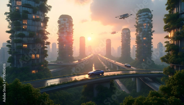 Obraz Hyper-Realistic Panoramic View of Futuristic Eco-City with Vertical Gardens