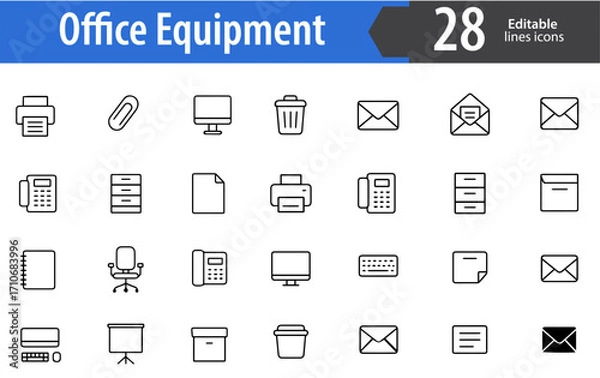Fototapeta Office Equipment Line Icons, Workplace Tools and Supplies Vector Icons Set, Ideal for Both Digital and Print Use  
