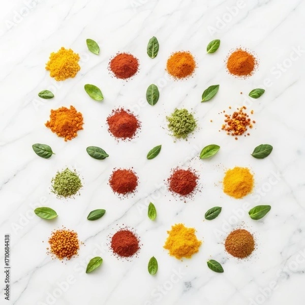Obraz Flat lay of colorful spice powders and green leaves arranged on white marble surface