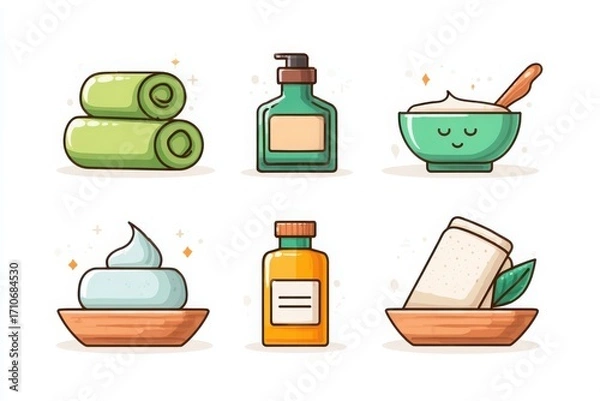 Fototapeta Collection of spa products including towels, lotions, and creams on a clean background