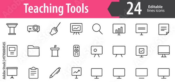 Fototapeta Teaching Tools Line Icons, Education and Classroom Vector Icons Set, Learning and Training Symbols, Ideal for Both Digital and Print Use  
