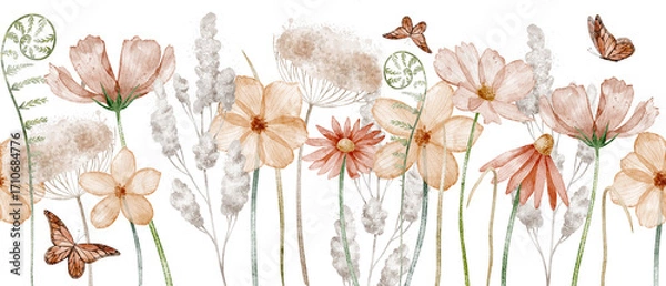 Fototapeta Watercolor Floral Border with wild meadow Flowers. Illustration of Botanical seamless pattern with butterflies for wedding invitations or greeting cards in pastel colors. Drawing for frames.