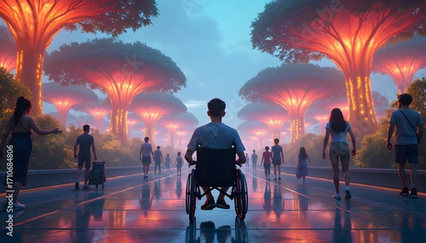 Obraz Young Man in Wheelchair Exploring Futuristic Eco-Park with Neon Trees