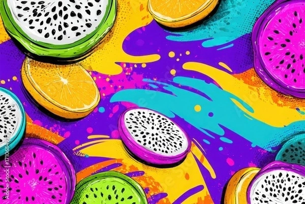 Fototapeta Colorful abstract illustration featuring vibrant fruit slices against a dynamic background