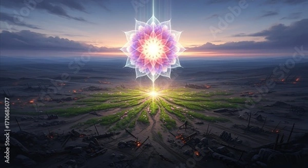 Fototapeta A digital artwork depicting a vibrant, glowing mandala descending from the heavens, illuminating a desolate, scorched landscape. The mandala's radiant light touches the earth