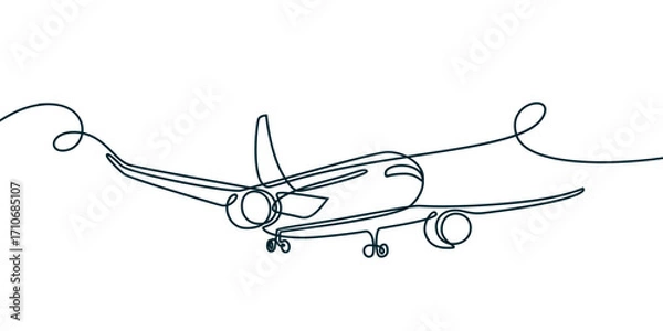 Fototapeta Vector continuous line illustration of plane. Monoline design for air travel, tourism flight, plane tickets booking