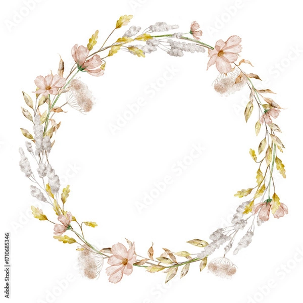 Fototapeta Watercolor Floral Wreath with pink Flowers. Illustration of circular template with branches and plants for seasonal greeting cards, wedding invitations or round posters. Drawing of botanical Frame.