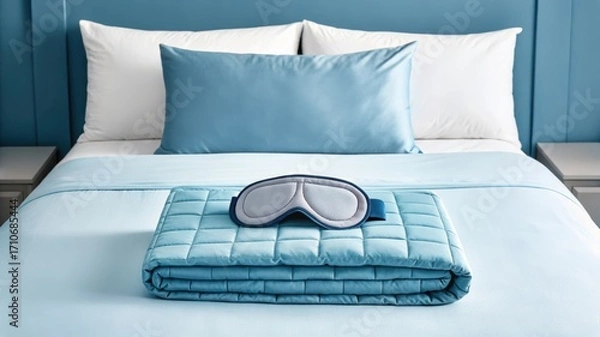 Obraz Folded blue weighted blanket with sleep mask on a neatly made bed