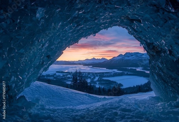 Fototapeta Frozen ice cave view with glowing sunset over snowy mountains