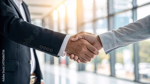 Obraz Business handshake agreement in modern office
Close-up of two professionals shaking hands in a bright office environment, symbolizing partnership, trust, and successful collaboration.
