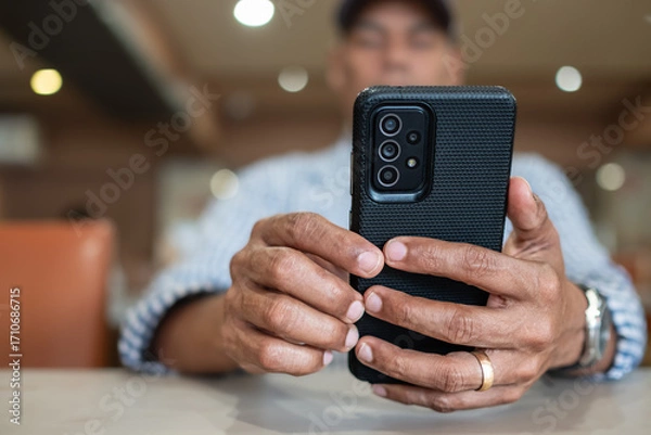 Fototapeta Young man hand holding cell phone. Close-up image of male hands using smartphone