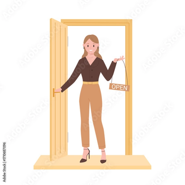 Fototapeta Smiling businesswoman standing at open door holding sign with word open, representing shop opening, welcoming customers, business startup, and entrepreneurship concept vector illustration