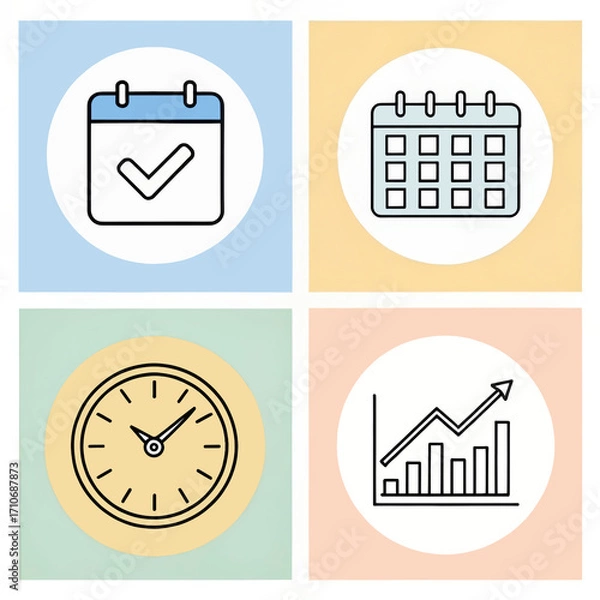 Obraz Four simple outline icons calendar clock graph and checkmark on pastel backgrounds