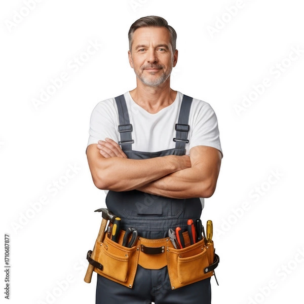Fototapeta Skilled craftsman with tool belt confident pose ready for home improvement projects