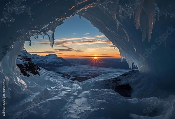 Fototapeta Frozen ice cave view with glowing sunset over snowy mountains
