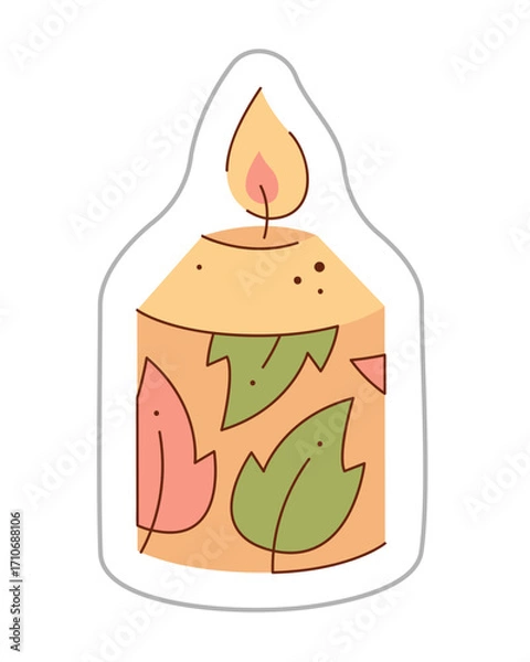 Fototapeta A sticker depicting a candle with a leaf pattern. Color hand drawn clipart illustration.