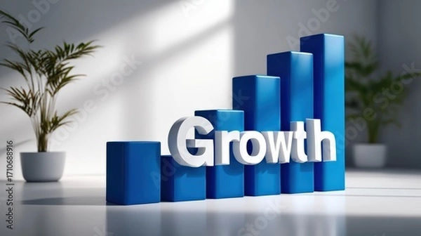 Fototapeta 3D Blue Bar Chart with “Growth” Text in Modern Office Space